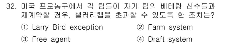 스포츠경영관리사 2021년 32번 - . Larry Bird exception  
이 제도는 선수들이 팀에 장... 에 관한 핵심 기출문제