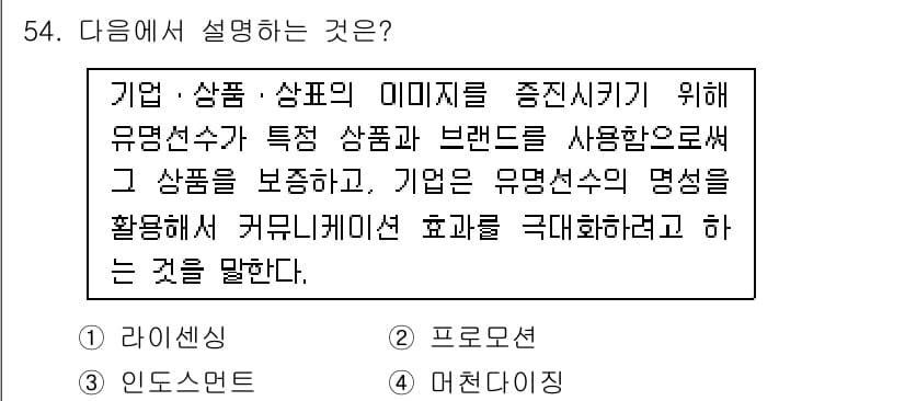스포츠경영관리사 2021년 54번 - 정답은 3번 "커뮤니케이션"입니다. 이는 기업이 유명 선수의 이미지를 활... 에 관한 핵심 기출문제