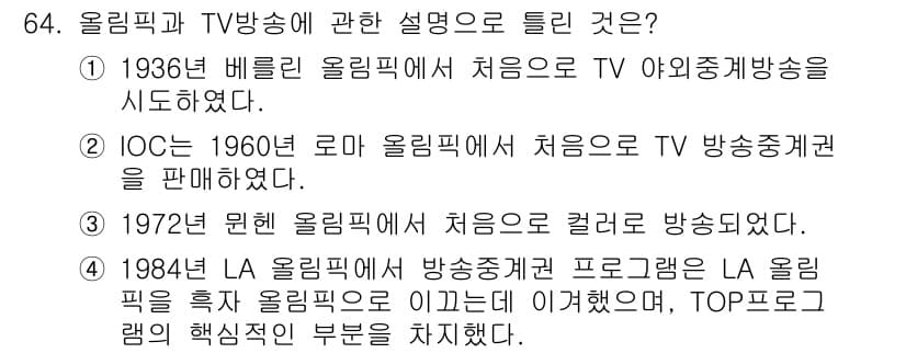 스포츠경영관리사 2021년 64번 - 1984년 로스앤젤레스 올림픽에서 방송상업화 프로그램이 도입되어, 올림픽... 에 관한 핵심 기출문제