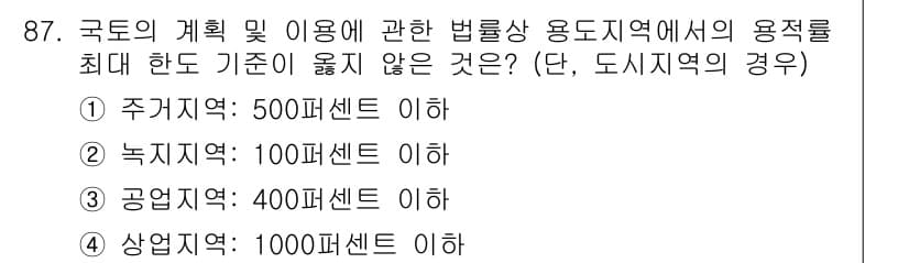 건축기사 2021년 88번 - 국토의 계획 및 이용에 관한 법률에서 도시지역의 용적률 기준으로, 주거지... 에 관한 핵심 기출문제