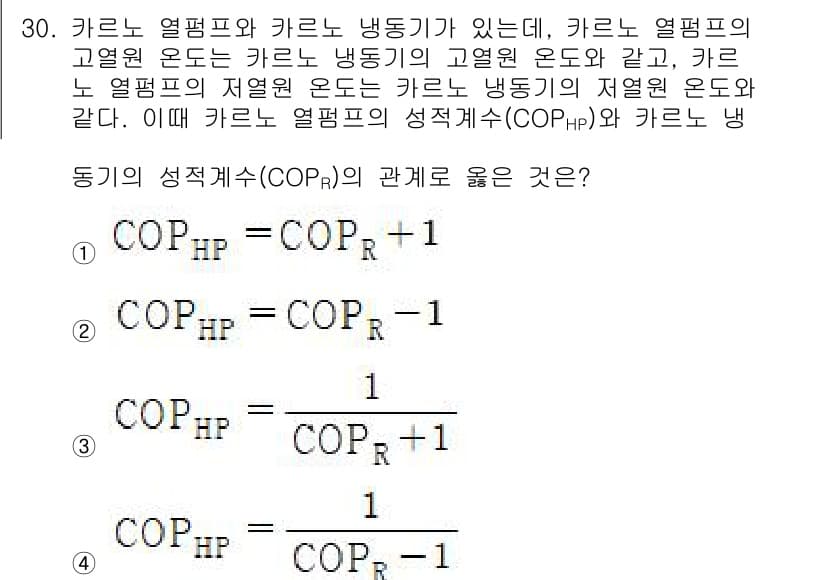 자동차정비기사 2021년 30번 - .  

해설: 카르노 열기관의 성능계수(COP)와 냉동기의 성능계수(C... 에 관한 핵심 기출문제