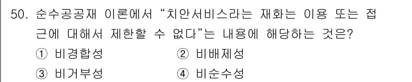 경비지도사_1차(법학개론,민간경비론) 2021년 49번 - 정답은 2번 '비배제성'입니다. 비배제성은 특정 자원이나 서비스의 사용을... 에 관한 핵심 기출문제
