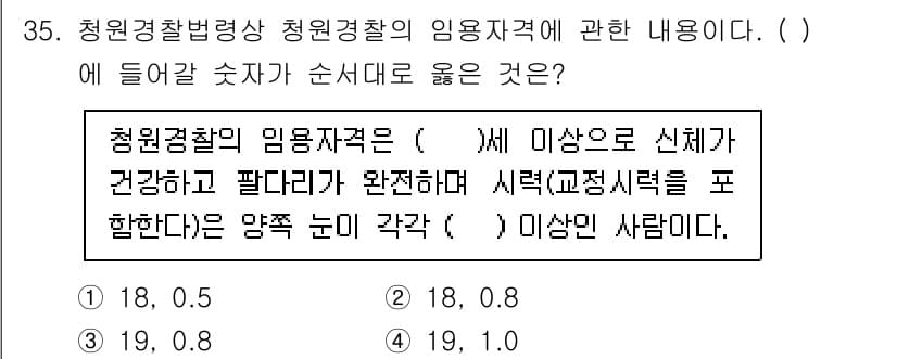 경비지도사_2차(경비업법) 2021년 35번 - 청원경찰의 임용자격은 경비업법에 명시된 기준을 따릅니다. 이 법에 따르면... 에 관한 핵심 기출문제
