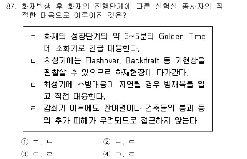 화학분석기사(구) 2021년 93번 - 화재 발생 후 화재가 진행되는 동안 화재의 성장 단계에서 약 3~5분의 ... 에 관한 핵심 기출문제