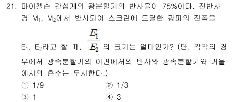 광학기사 2021년 21번 - 주어진 문제에서 반사율이 75%이므로 투과율은 25%입니다. 광학의 기본... 에 관한 핵심 기출문제