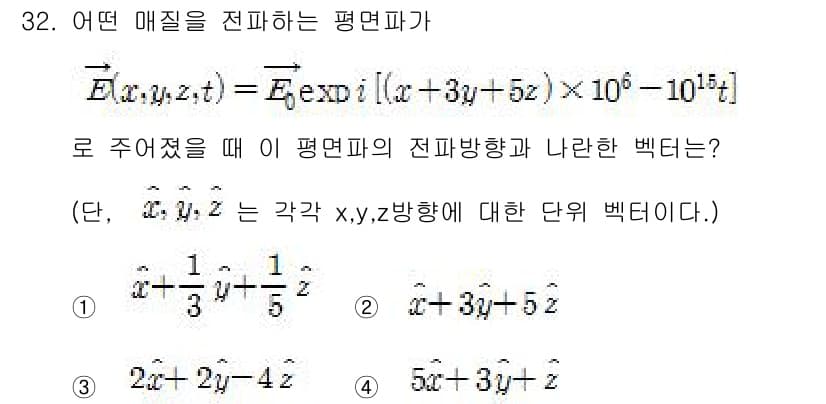 광학기사 2021년 32번 - 주어진 식에서 \(E(x,y,z,t) = E_0 \exp[i(k_x x ... 에 관한 핵심 기출문제