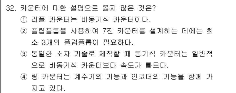 전자계산기제어산업기사 2015년 32번 - 리플 카운터는 비동기식 카운터로, 다른 카운터들과 비교했을 때 속도가 느... 에 관한 핵심 기출문제
