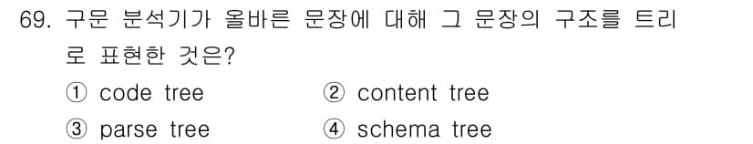 전자계산기제어산업기사 2015년 69번 - 정답은 3번 "parse tree"입니다. 구문 분석이란 주어진 문장의 ... 에 관한 핵심 기출문제