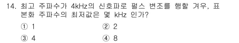 전자계산기제어산업기사(구) 2016년 15번 - 최고 주파수가 4 kHz일 때, 나이퀴스트 샘플링 정리에 따르면 필요한 ... 에 관한 핵심 기출문제