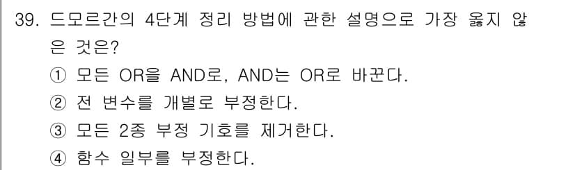 전자계산기제어산업기사(구) 2017년 39번 - 함수 일부를 부정하는 것은 드모르간의 법칙에 맞지 않으며, 모든 논리 연... 에 관한 핵심 기출문제