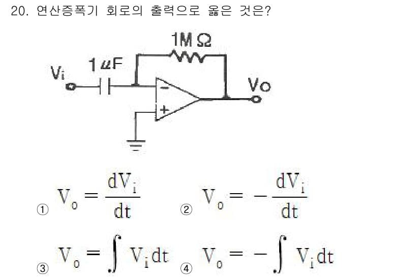 전자계산기제어산업기사 2017년 20번 - 해설: 주어진 회로에서 Op-Amp의 구성은 반전 증폭기이며, 출력 전압... 에 관한 핵심 기출문제