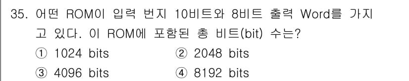 전자계산기제어산업기사 2017년 35번 - 해당 ROM의 입력 번지가 10비트라면, 주소 가능한 메모리 공간은 \(... 에 관한 핵심 기출문제
