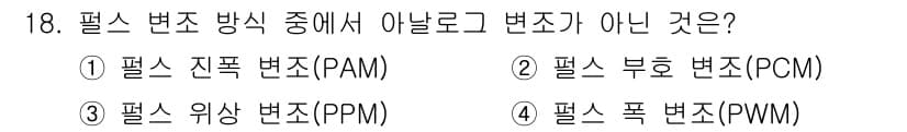전자계산기제어산업기사(구) 2018년 18번 - 2. 필스 부호 변조(PCM)는 디지털 신호로 아날로그 신호를 변환하는 ... 에 관한 핵심 기출문제