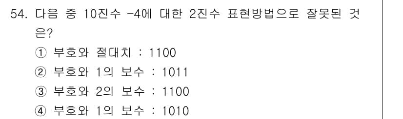 전자계산기제어산업기사(구) 2019년 54번 - 2진수로 표현할 때, 부호와 1의 보수에서 1의 보수는 해당 수의 모든 ... 에 관한 핵심 기출문제