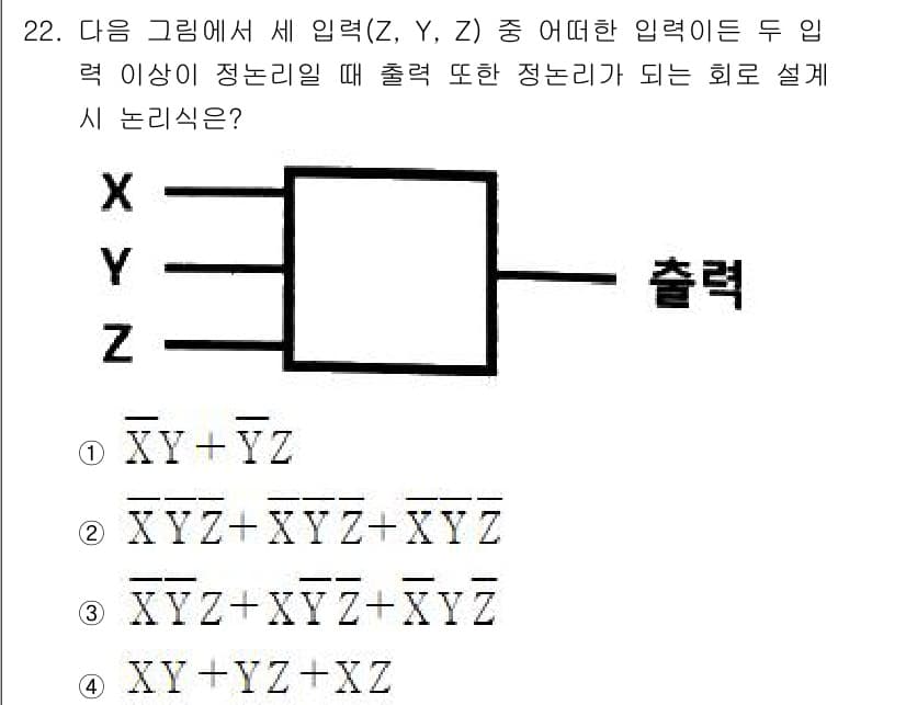 전자계산기제어산업기사 2019년 22번 - 주어진 회로는 두 개 이상의 입력이 1일 때 출력이 1이 되는 논리식을 ... 에 관한 핵심 기출문제