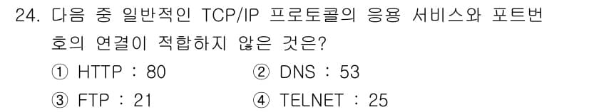 통신설비기능장 2021년 24번 - 정답은 4번 TELNET: 25입니다. 일반적으로 TELNET의 포트 번... 에 관한 핵심 기출문제