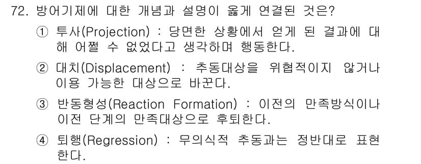 임상심리사_2급 2021년 72번 - .  
대치(Displacement)는 감정이나 충동을 직접적인 대상으로... 에 관한 핵심 기출문제
