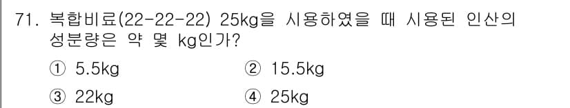 임업종묘기사 2016년 71번 - 복합비료의 성분 비율(22-22-22)에 따르면, 각 성분(N, P, K... 에 관한 핵심 기출문제
