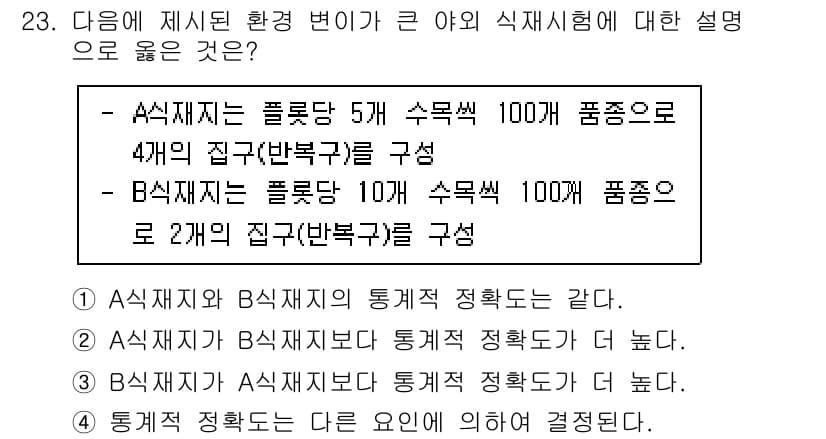 임업종묘기사 2021년 23번 - . 

A식재의 플롯당 품목 수가 적어 B식재에 비해 병해충 관리를 더 ... 에 관한 핵심 기출문제