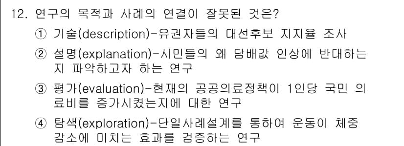 사회조사분석사_2급 2021년 12번 - 12번 문제의 답은 4번입니다. 탐색 연구는 단일 사례나 현상을 깊이 있... 에 관한 핵심 기출문제