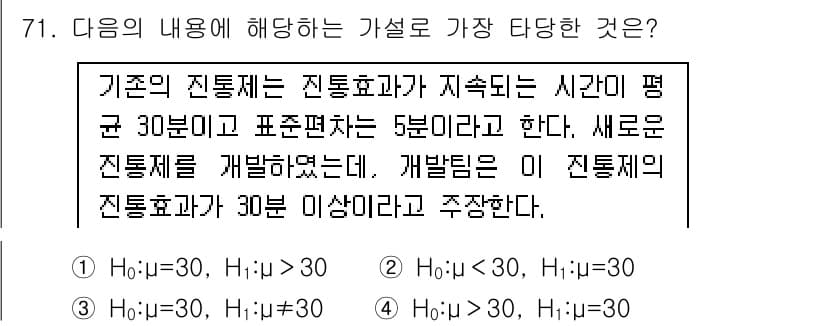 사회조사분석사_2급 2021년 71번 - 주어진 문항은 기본 진통제의 효과 지속 시간에 대한 가설을 비교하고 있으... 에 관한 핵심 기출문제