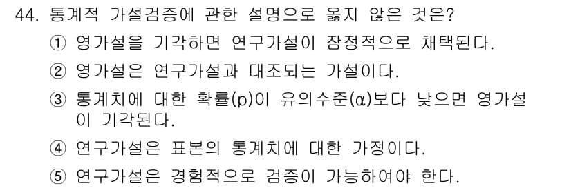 사회복지사_1급(1교시)(구) 2022년 44번 - . 영가설은 연구가설과 대조된다. 

영가설(Null Hypothesis... 에 관한 핵심 기출문제