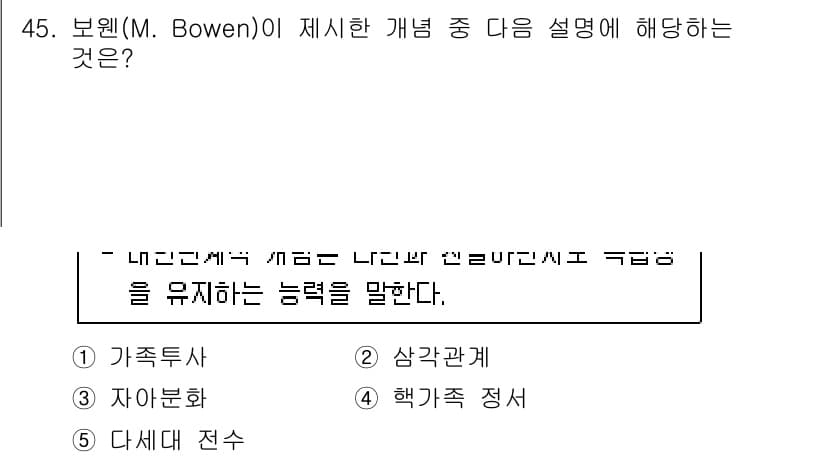 사회복지사_1급(2교시) 2022년 45번 - 사회복지사 1급 시험에서 보웬(M. Bowen)의 개념은 가족적인 접근을... 에 관한 핵심 기출문제