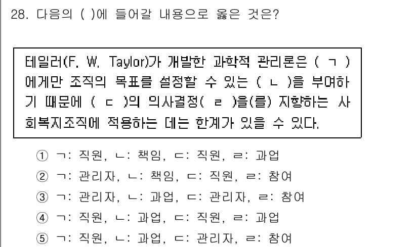 사회복지사_1급(3교시)(구) 2022년 28번 - 주어진 문장에서 ( )에 들어갈 내용은 테일러의 과학적 관리론과 관련이 ... 에 관한 핵심 기출문제