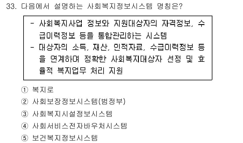 사회복지사_1급(3교시) 2022년 33번 - . 사회복지정보시스템은 사회복지사업 정보와 지원대상자의 자원정보, 수급인... 에 관한 핵심 기출문제