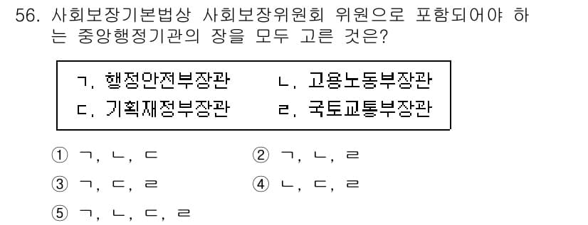 사회복지사_1급(3교시) 2022년 56번 - 사회보장기본법상 사회보장위원회는 정책의 종합적인 조정을 위해 행정안전부,... 에 관한 핵심 기출문제