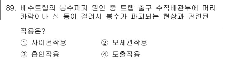 공조냉동기계기사(구) 2016년 89번 - 정답은 2번 모세관 작용입니다. 배수 드랩의 봉수피와 원인 중 트랩 내부... 에 관한 핵심 기출문제