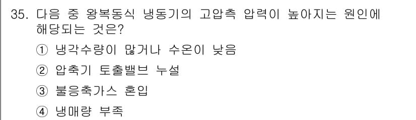 공조냉동기계기사 2017년 35번 - 고압축 압력이 높은 이유는 냉매의 흐름 저항이 증가하거나 압축기에서의 비... 에 관한 핵심 기출문제