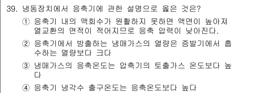공조냉동기계기사 2017년 39번 - 냉동기는 압축기에서 냉매가스의 압력을 높여 응축기로 보내는데, 이 과정에... 에 관한 핵심 기출문제
