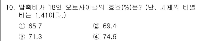 공조냉동기계기사(구) 2019년 10번 - 압축비가 주어진 경우, 오토사이클의 효율은 아래의 공식을 통해 계산됩니다... 에 관한 핵심 기출문제