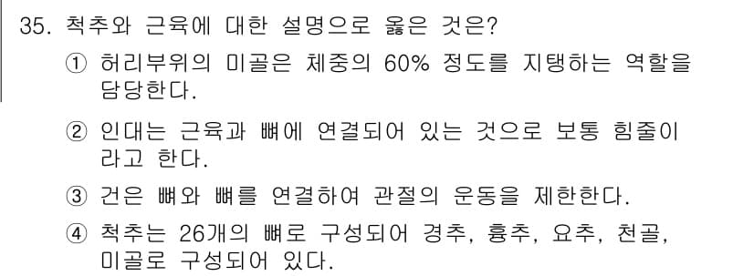 인간공학기사 2022년 35번 - . 척추는 26개의 뼈로 구성되어 경추, 흉추, 요추, 천골, 미골로 나... 에 관한 핵심 기출문제