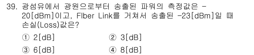 통신선로산업기사(통합편입) 2016년 39번 - 광섬유 전송에서의 손실(Loss)은 송출된 파워와 수신된 파워의 차이로 ... 에 관한 핵심 기출문제