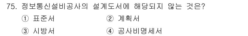 통신선로산업기사(통합편입) 2016년 75번 - . 정보통신설비공사의 설계도서는 일반적으로 배치도, 시방서, 계획서 등이... 에 관한 핵심 기출문제