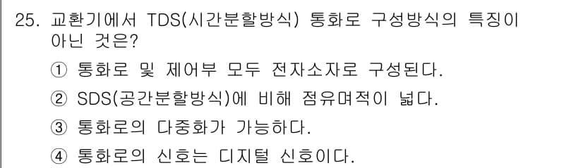 통신선로산업기사(통합편입) 2019년 25번 - . SDS(공간분할방식)에 비해 점유면적이 넓다. 

TDS는 전송매체의... 에 관한 핵심 기출문제