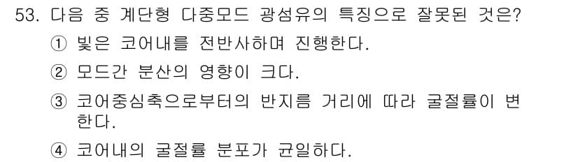 통신선로산업기사(통합편입) 2019년 53번 - 주어진 문제에서 "모든 분산의 영향이 크다"는 주장은 다중 모드 광섬유의... 에 관한 핵심 기출문제