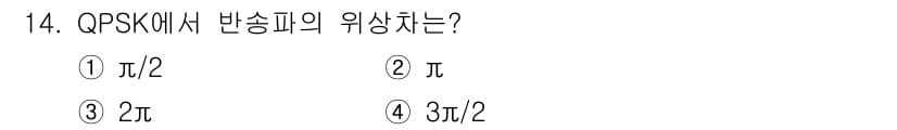 통신선로산업기사(통합편입) 2020년 14번 - QPSK에서 반송파의 위상차는 90도, 즉 π/2 라디안입니다. 각 심볼... 에 관한 핵심 기출문제