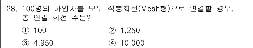 통신선로산업기사(통합편입) 2020년 28번 - 직통 회선 방식에서 모든 노드가 서로 연결될 경우, 총 연결 회선 수는 ... 에 관한 핵심 기출문제