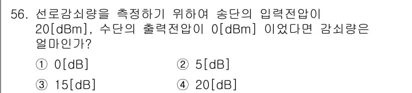 통신선로산업기사(통합편입) 2020년 56번 - 송단의 입력전압이 20 dBm이고, 출력전압이 0 dBm일 때, 감쇠량은... 에 관한 핵심 기출문제