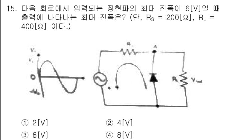 통신선로산업기사(통합편입) 2021년 15번 - 주어진 회로에서 입력 전압이 6[V]인 정현파가 공급될 때, 출력 전압은... 에 관한 핵심 기출문제