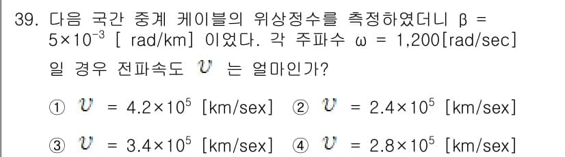 통신선로산업기사(통합편입) 2021년 39번 - 전파 전파 속도 \( V \)는 주파수 \( \omega \)와 위상 정... 에 관한 핵심 기출문제