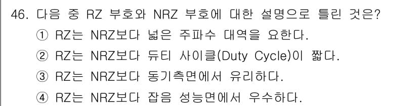 통신선로산업기사(통합편입) 2021년 46번 - 정답 4번은 RZ 부호가 잡음 성능에서 우수하다는 것을 언급합니다. RZ... 에 관한 핵심 기출문제