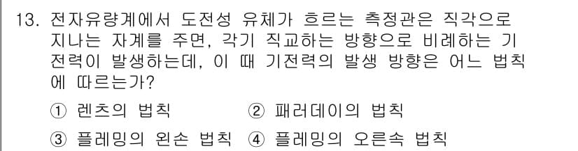 설비보전기사(구) 2016년 13번 - 정답은 4번 '플레밍의 오른손 법칙'이다. 이 법칙은 전자기 유도와 관련... 에 관한 핵심 기출문제