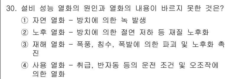 설비보전기사(구) 2017년 30번 - 정답 2번은 노후 열화가 방치로 인해 발생하는 열화 현상으로, 이는 재료... 에 관한 핵심 기출문제