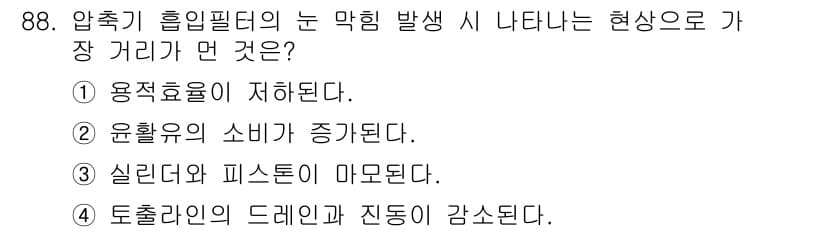 설비보전기사(구) 2017년 88번 - 압축기 흡입 필터의 눈 막힘 발생 시 나타나는 현상으로 가장 거리가 먼 ... 에 관한 핵심 기출문제