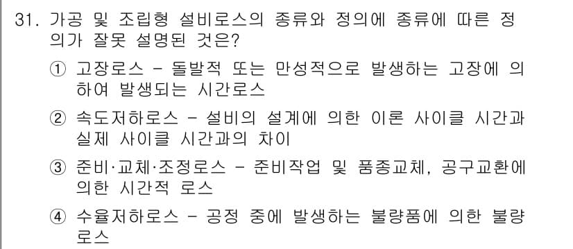 설비보전기사 2018년 31번 - 정답 4번은 수조지 알레스(수조지에서 발생하는 불량품)에 관한 설명이 잘... 에 관한 핵심 기출문제