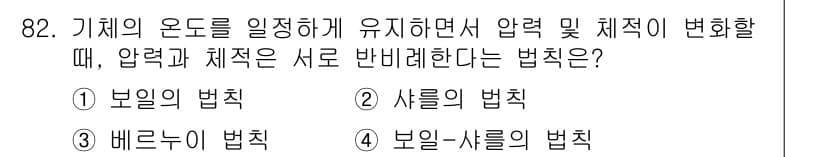 설비보전기사(구) 2019년 82번 - . 보일의 법칙

해설: 보일의 법칙은 주어진 온도에서 기체의 압력과 부... 에 관한 핵심 기출문제